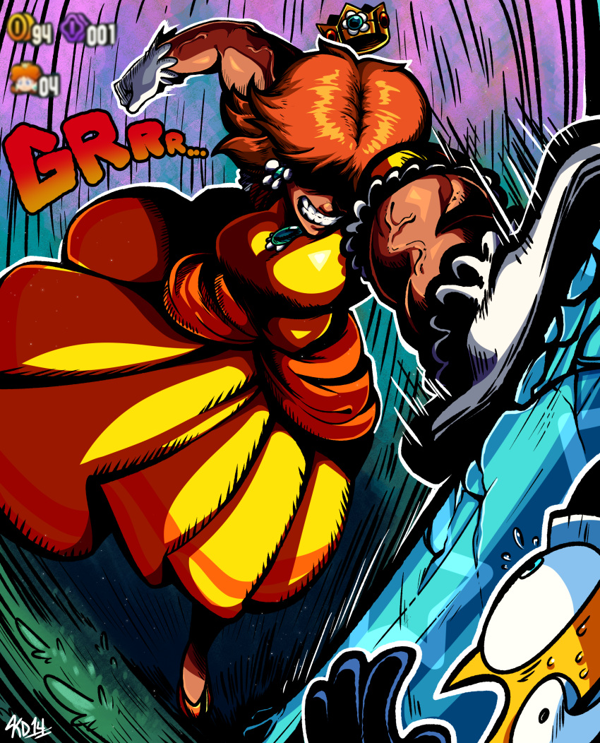 1boy, 1girl, absurdres, alternate_muscle_size, aqua_eyes, artist_name, black_gloves, breasts