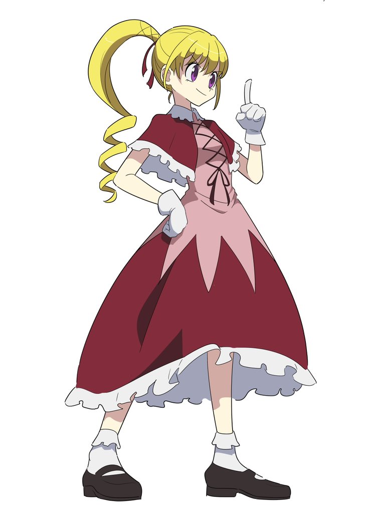 1girl, biscuit_krueger, black_footwear, blonde_hair, breasts, collar, dress, drill_hair