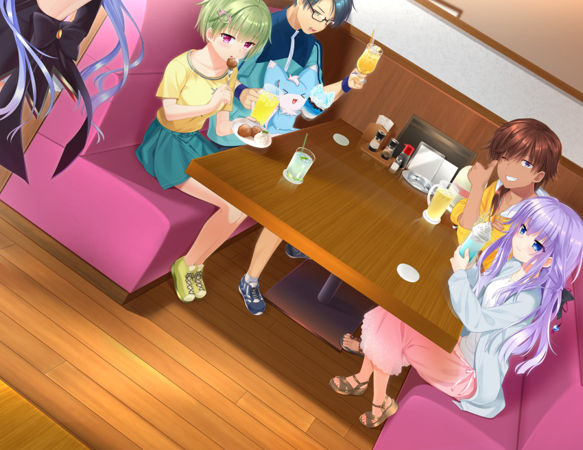 >_<, 2boys, 2girls, absurdres, angel_mort, black-framed_eyewear, black_hair, blue_eyes