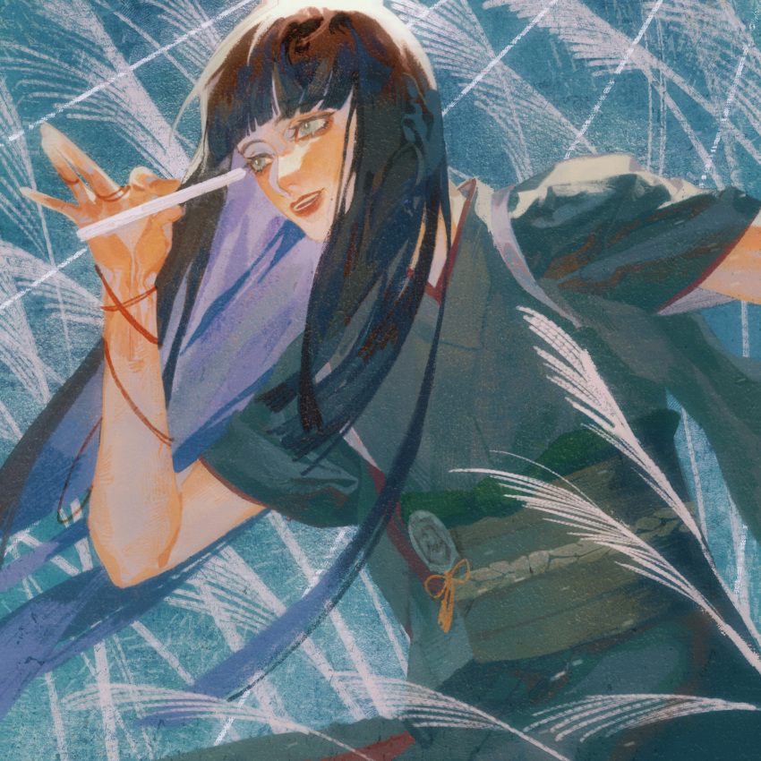 1girl, aqua_kimono, between_fingers, black_hair, blunt_bangs, blunt_ends, chinese_commentary, commentary_request, cowboy_shot, final_fantasy, final_fantasy_xiv, floating_hair, from_side, green_eyes, grey_eyes, hand_up, highres, holding, hyur, japanese_clothes, kimono, liu_ren_yuebing, long_hair, looking_ahead, looking_to_the_side, obi, obiage, obijime, open_mouth, sash, smile, solo, straight_hair, wheat, yotsuyu_goe_brutus