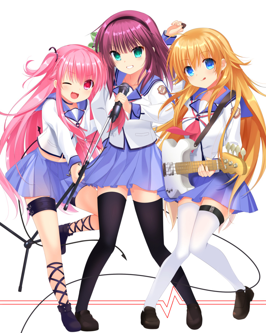 >:), 3girls, :d, :q, ahoge, angel_beats!, black_footwear, black_hairband, black_ribbon, black_thighhighs, blue_eyes, blue_sailor_collar, blue_skirt, blush, breasts, closed_mouth, commentary, cross-laced_footwear, eyes_visible_through_hair, fang, full_body, girls_dead_monster, green_eyes, green_ribbon, grin, guitar, hair_between_eyes, hair_ribbon, hairband, hand_up, happy, highres, holding, holding_instrument, holding_microphone, holding_microphone_stand, instrument, knees_together_feet_apart, legs, loafers, long_hair, long_sleeves, looking_at_viewer, medium_hair, microphone, microphone_stand, miniskirt, multiple_girls, nakamura_yuri, neckerchief, one_eye_closed, open_mouth, orange_hair, otou_(otou_san), pink_eyes, pink_hair, pink_neckerchief, pleated_skirt, purple_hair, ribbon, sailor_collar, school_uniform, sekine_shiori, shinda_sekai_sensen_uniform, shirt, shoes, sidelocks, simple_background, skirt, small_breasts, smile, spiky_hair, standing, standing_on_one_leg, straight-on, straight_hair, thigh-highs, thigh_strap, thighs, tongue, tongue_out, two_side_up, v-shaped_eyebrows, very_long_hair, white_background, white_shirt, white_thighhighs, yui_(angel_beats!), zettai_ryouiki