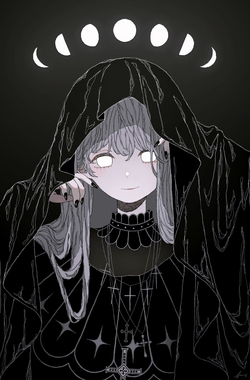 1girl, black_cloak, black_dress, black_nails, cloak, crescent_moon, cross, cross_necklace