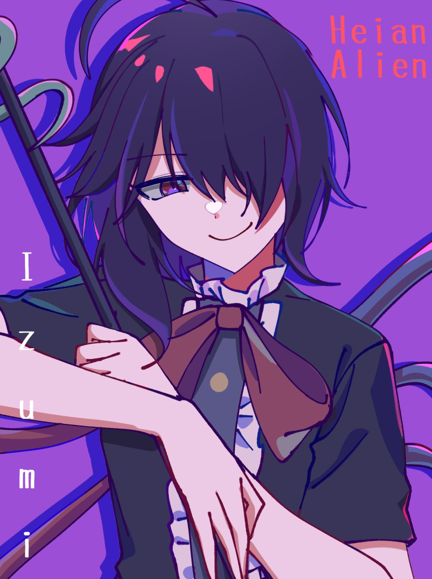 1girl, ahoge, artist_name, black_dress, black_hair, blue_wings, bow, bowtie