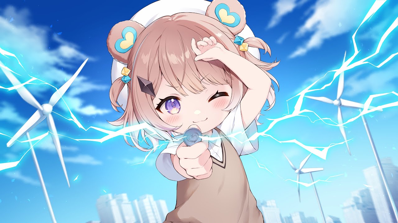 :3, animal_ears, arm_up, bear_ears, bear_girl, beret, blue_sky, blush, brown_sweater_vest, building, clouds, coin, collared_shirt, cube_hair_ornament, day, diamond_hair_ornament, electricity, hair_ornament, hat, heart, holding, holding_coin, light_brown_hair, looking_at_viewer, mireille_kuuma, one_eye_closed, outstretched_arm, pointing, pointing_at_viewer, reimin, school_uniform, second-party_source, shirt, short_hair, short_sleeves, sky, smile, sweater_vest, toaru_kagaku_no_railgun, toaru_majutsu_no_index, tokiwadai_school_uniform, two_side_up, v-shaped_eyebrows, violet_eyes, virtual_youtuber, wactor_production, white_headwear, white_shirt, wind_turbine