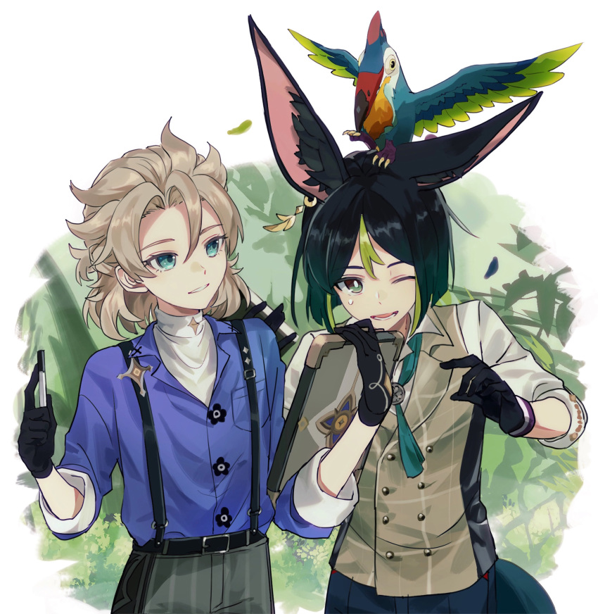 2boys, absurdres, albedo_(genshin_impact), animal_ears, animal_on_head, bird, bird_on_head, black_gloves