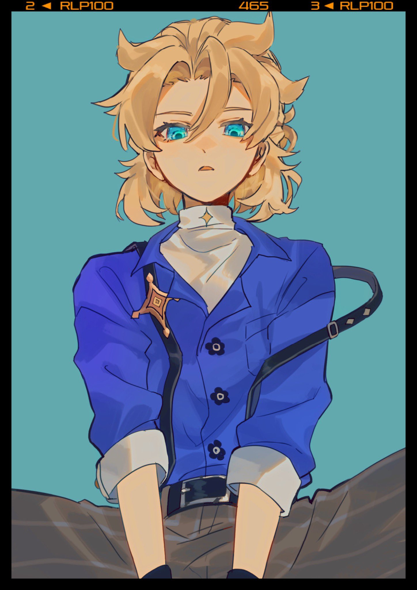 1boy, albedo_(genshin_impact), aqua_background, belt, black_belt, black_border, blonde_hair, blue_jacket