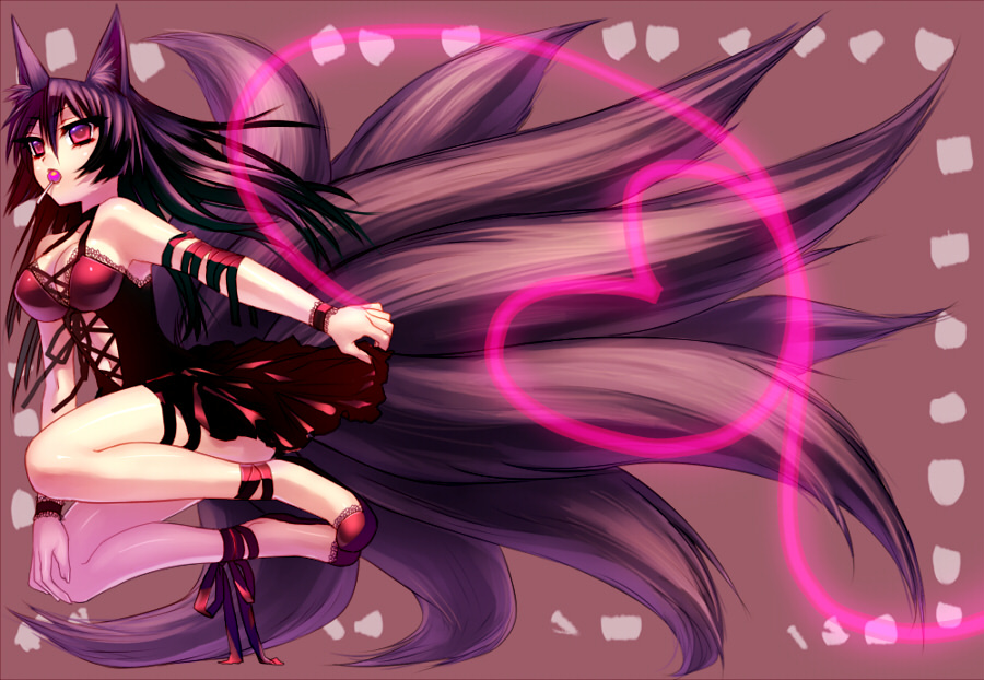 black_hair, candy, dress, fox_ears, fox_tail, io_(metronome), lollipop, long_hair