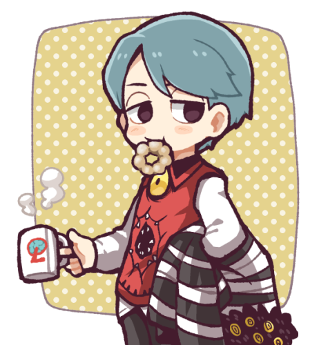1boy, aqua_hair, black_pants, coat, collared_vest, commentary_request, cup, doughnut