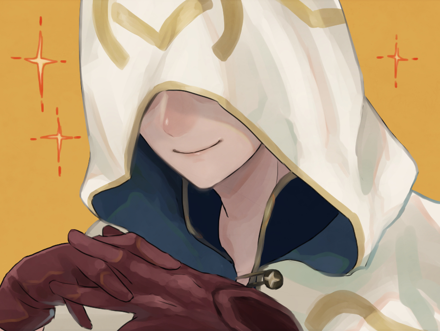 1boy, cloak, closed_mouth, faceless, faceless_male, fire_emblem, fire_emblem_heroes, gloves, hood, hood_up, hooded_cloak, kiran_(male)_(fire_emblem), leather, leather_gloves, orange_background, own_hands_together, portrait, smile, yuuyou_(link1357zelda)