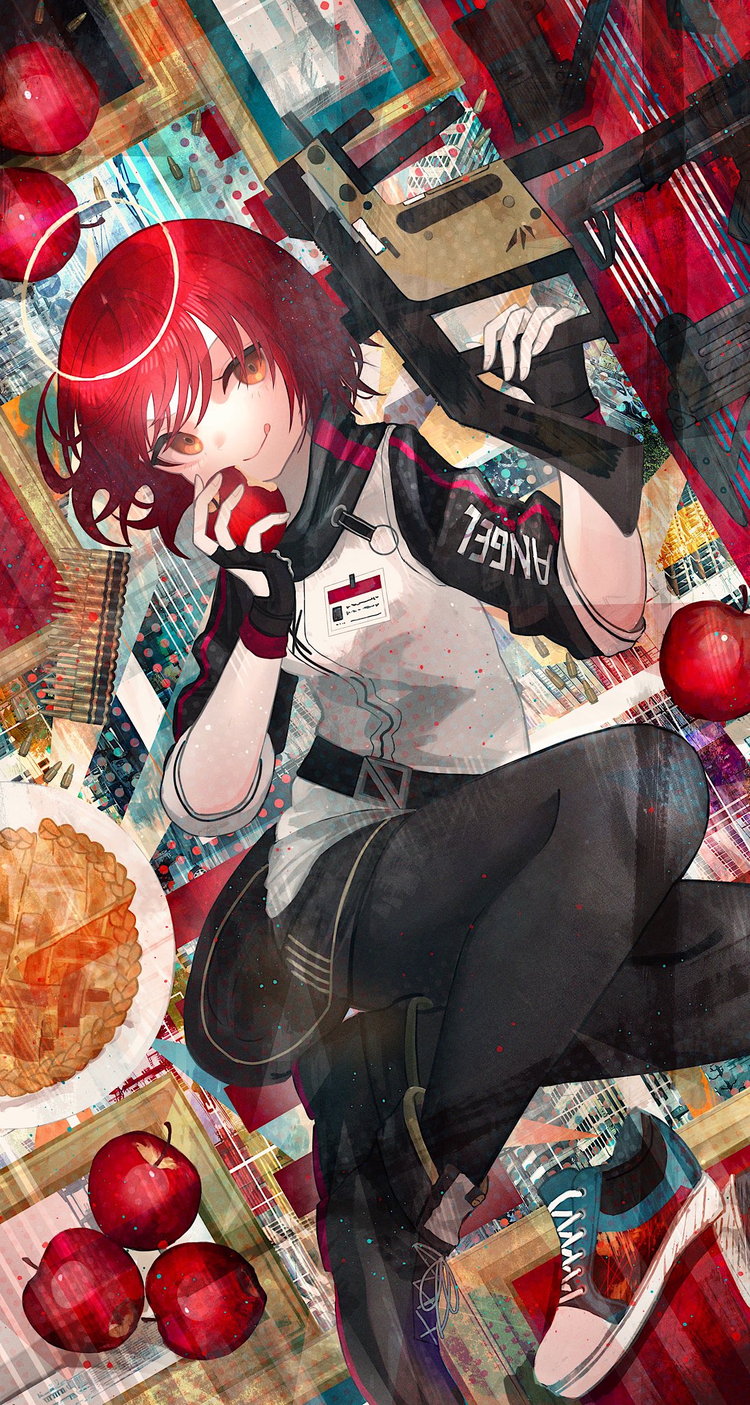 :q, a0_plnt, apple, apple_pie, arknights, black_footwear, black_gloves, black_pantyhose, black_skirt, breasts, bullet, closed_mouth, commentary, exusiai_(arknights), fingerless_gloves, food, fruit, gloves, gun, hair_between_eyes, halo, hand_up, highres, holding, holding_food, holding_fruit, holding_gun, holding_weapon, jacket, kriss_vector, looking_at_viewer, pantyhose, pie, plate, red_apple, red_eyes, redhead, shoes, short_sleeves, skirt, small_breasts, smile, submachine_gun, tongue, tongue_out, weapon, white_jacket