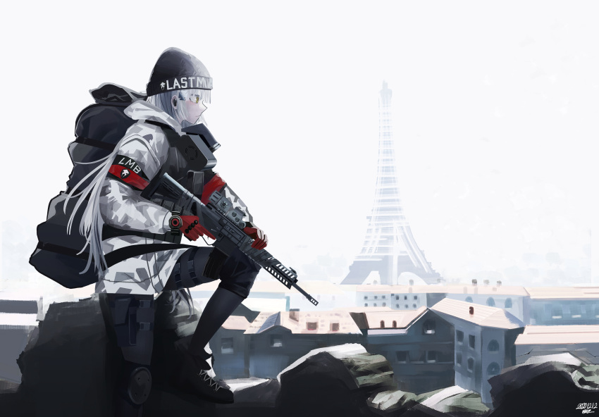 1girl, absurdres, assault_rifle, bag, black_footwear, black_headwear, black_pants, blue_hair