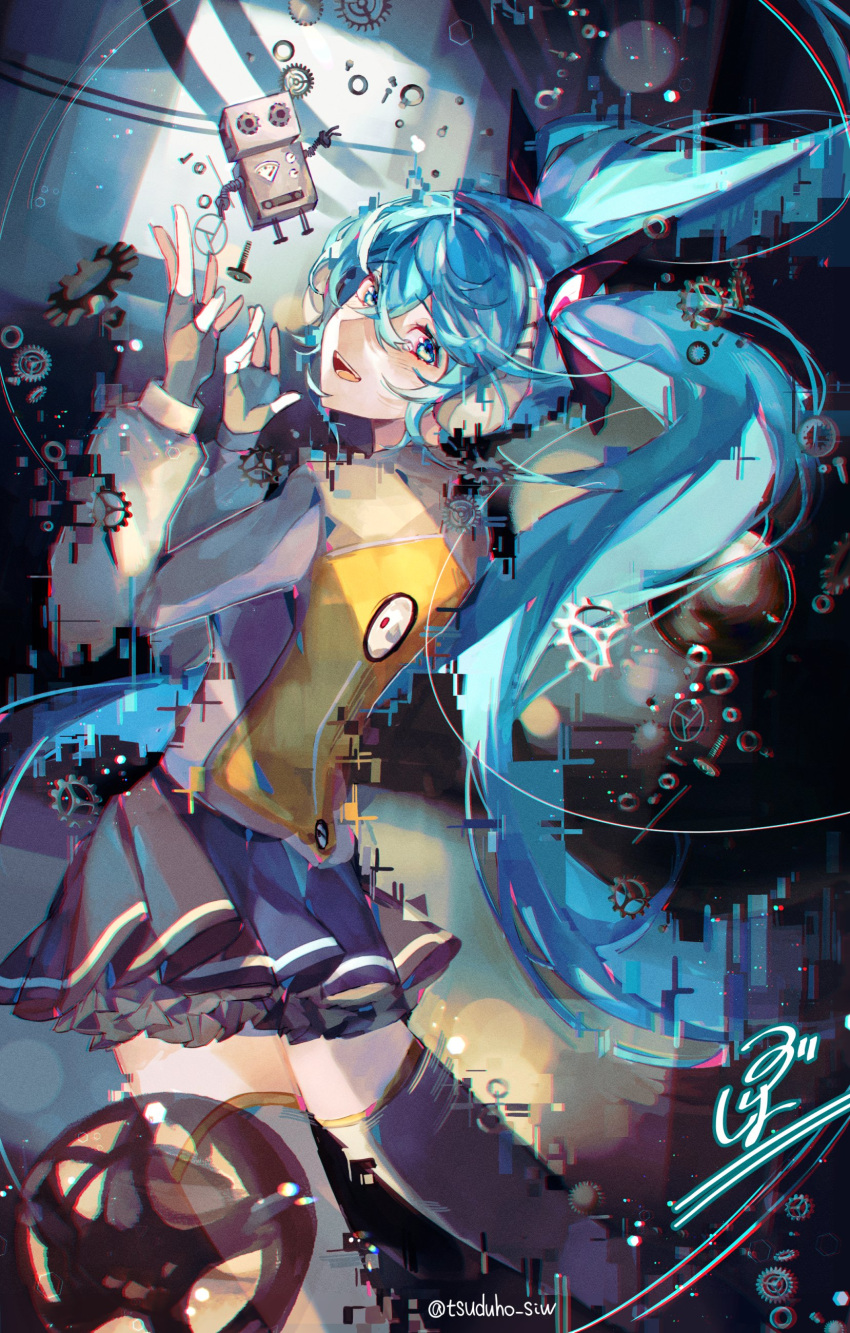 1girl, 1other, absurdres, aqua_eyes, aqua_hair, black_skirt, bodysuit, clogs