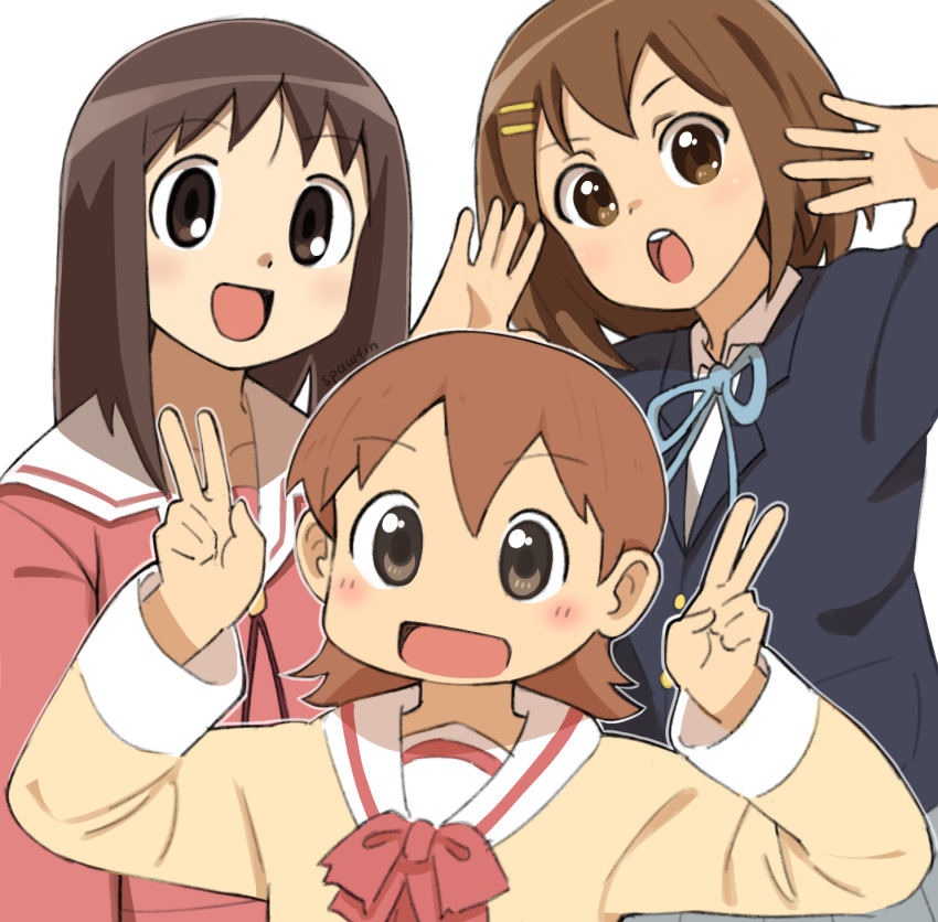 3girls, :d, :o, aioi_yuuko, arms_at_sides, artist_name, azumanga_daioh, azumanga_daioh's_school_uniform