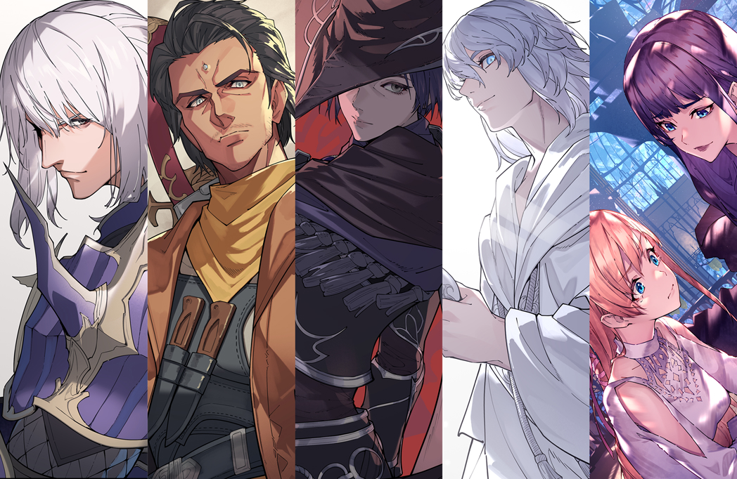 2girls, 4boys, :|, armor, bandana, black_hair, black_pants, black_shirt
