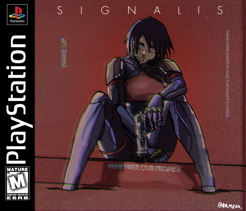 1girl, absurdres, android, black_hair, blue_eyes, chromatic_aberration, commentary, copyright_name, cover, elster_(signalis), english_commentary, english_text, fake_cover, gun, handgun, highres, holding, holding_gun, holding_weapon, joints, laser_sight, looking_at_viewer, metal_skin, namedr, no_feet, playstation_logo, ringed_eyes, robot_joints, science_fiction, short_hair, signalis, sitting, solo, twitter_username, video_game_cover, weapon