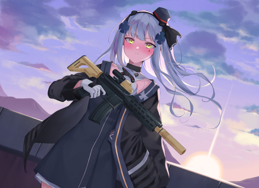 1girl, :<, absurdres, assault_rifle, black_dress, black_jacket, blue_sky, blush, breasts, clouds, cloudy_sky, dress, dutch_angle, girls_frontline, gloves, green_eyes, gun, h&amp;k_hk416, hair_ornament, hat, highres, hk416_(girls'_frontline), holding, holding_gun, holding_weapon, jacket, long_hair, mini_hat, off_shoulder, open_clothes, open_jacket, outdoors, rifle, sena_(seti74), sky, small_breasts, solo, sunset, teardrop_tattoo, weapon, white_gloves, wind