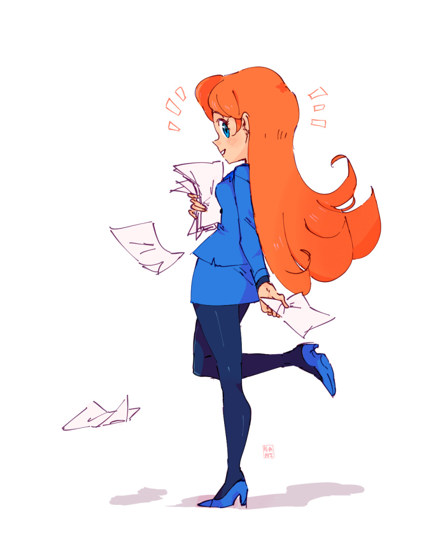 1girl, alternate_costume, black_pantyhose, black_shirt, blue_eyes, blue_footwear, blue_jacket, cutie-png, english_commentary, eyelashes, from_side, gift_art, high_heels, highres, holding, holding_paper, jacket, leg_up, long_hair, long_sleeves, mona_(warioware), notice_lines, office_lady, orange_hair, pantyhose, paper, paper_stack, shadow, shirt, smile, teeth, warioware