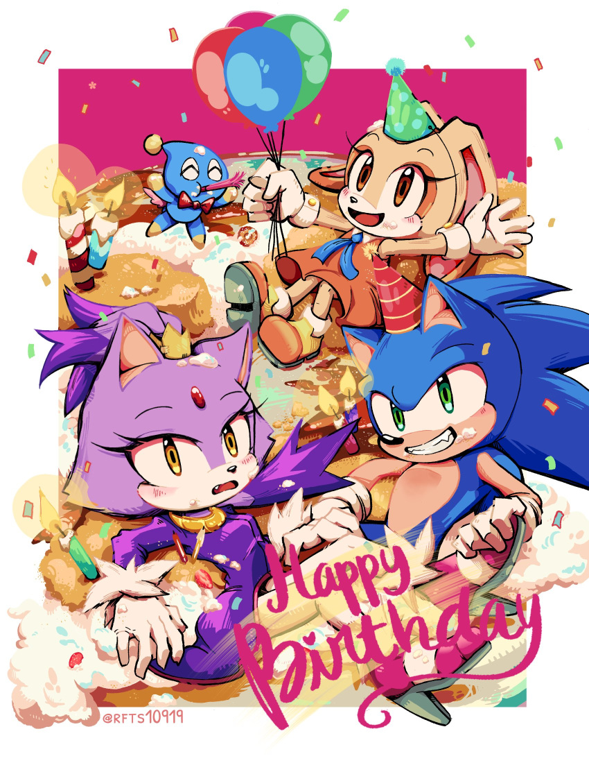 1boy, 2girls, balloon, birthday, birthday_cake, blaze_the_cat, blush, cake