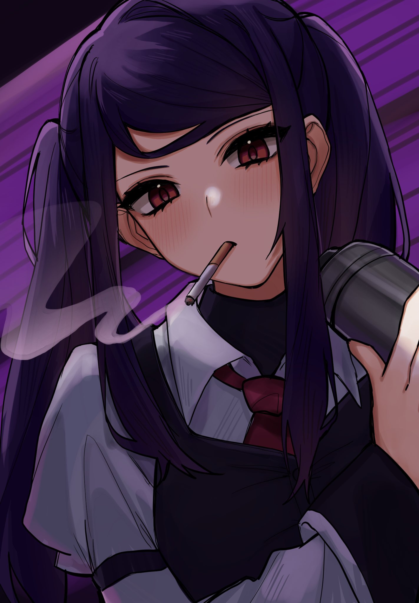 1girl, apron, black_apron, blush, cigarette, cocktail_shaker, collared_shirt, commentary_request