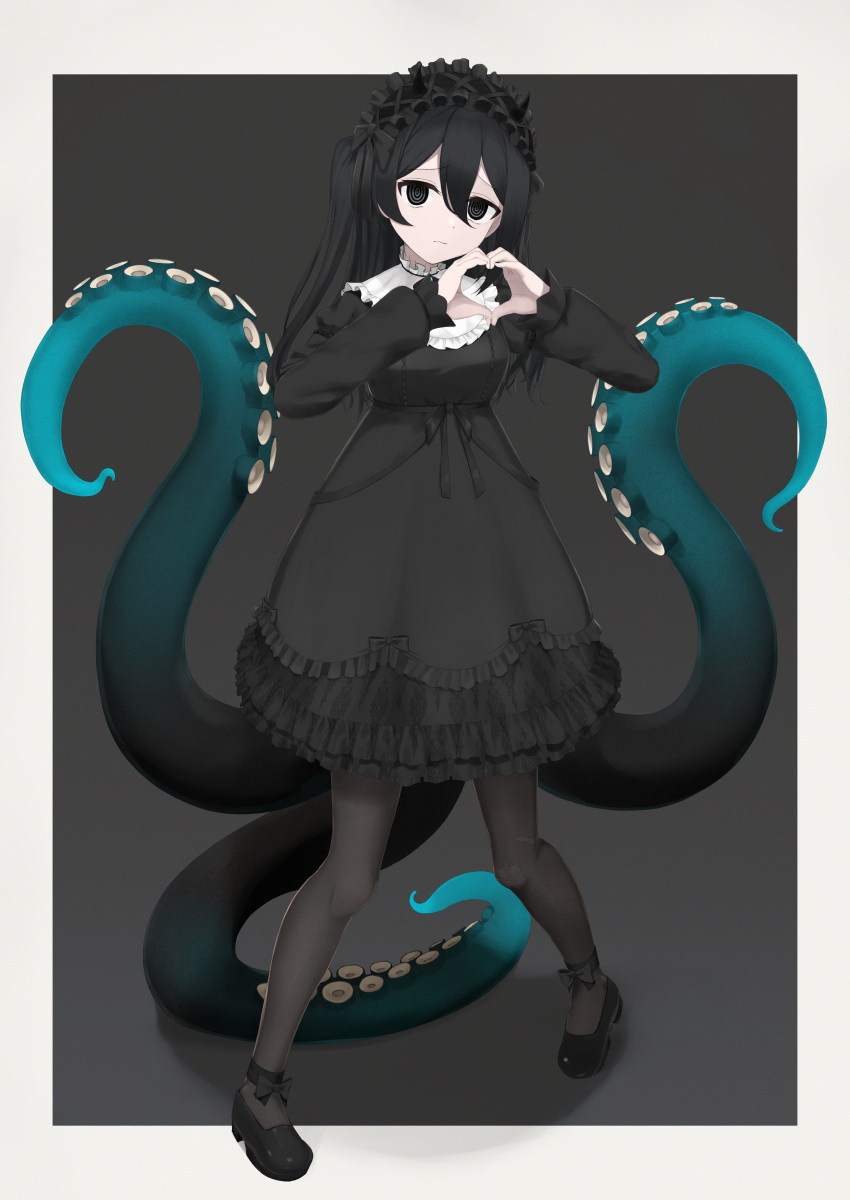 1girl, absurdres, ankle_bow, black_background, black_bow, black_dress, black_eyes, black_hair