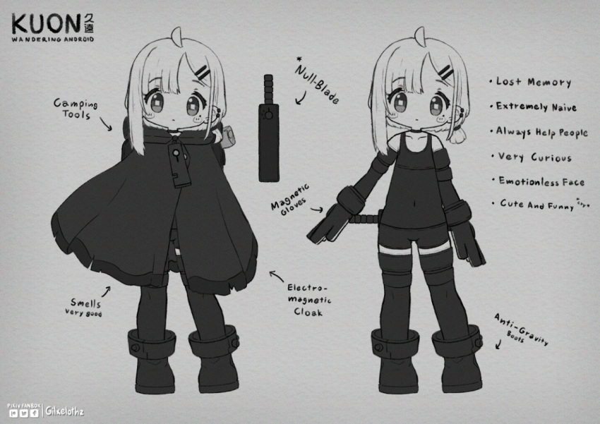 1girl, ahoge, android, arms_at_sides, asymmetrical_bangs, bare_shoulders, boots, character_name