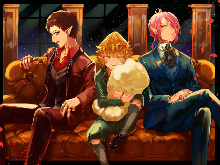 3boys, :d, agarath_picero, alternate_costume, andro_m._jazz, antenna_hair, ascot, asmodeus_alice, between_fingers, black_ascot, black_border, black_nails, black_vest, blue_jacket, blue_pants, blue_ribbon, blue_suit, blue_vest, border, brown_footwear, brown_hair, buttons, capri_pants, choppy_bangs, closed_mouth, coin, collar_chain_(jewelry), collared_shirt, colored_eyelashes, couch, crossed_legs, curly_hair, earrings, expressionless, falling_petals, fangs, feet_out_of_frame, foot_out_of_frame, formal, furrowed_brow, green_eyes, green_jacket, green_pants, green_suit, grey_socks, hair_between_eyes, hair_ribbon, highres, holding, holding_coin, indoors, jacket, jewelry, knee_up, lapel_pin, lapels, long_bangs, looking_at_viewer, low_ponytail, mairimashita!_iruma-kun, male_focus, medium_hair, multiple_boys, multiple_rings, night, notched_lapels, object_hug, open_clothes, open_collar, open_jacket, open_mouth, orange_hair, orange_shirt, outside_border, own_hands_together, pants, pendant, petals, pillar, pillow, pink_hair, pocket_square, pointy_ears, profile, red_eyes, red_jacket, red_nails, red_pants, red_shirt, red_suit, ribbed_socks, ribbon, ring, scowl, sharp_teeth, shawl_lapels, shirt, short_bangs, short_hair, short_ponytail, sideways_glance, sitting, sky, smile, socks, star_(sky), starry_sky, stud_earrings, suit, suit_jacket, teeth, terusuzuzu, vest, white_shirt, window