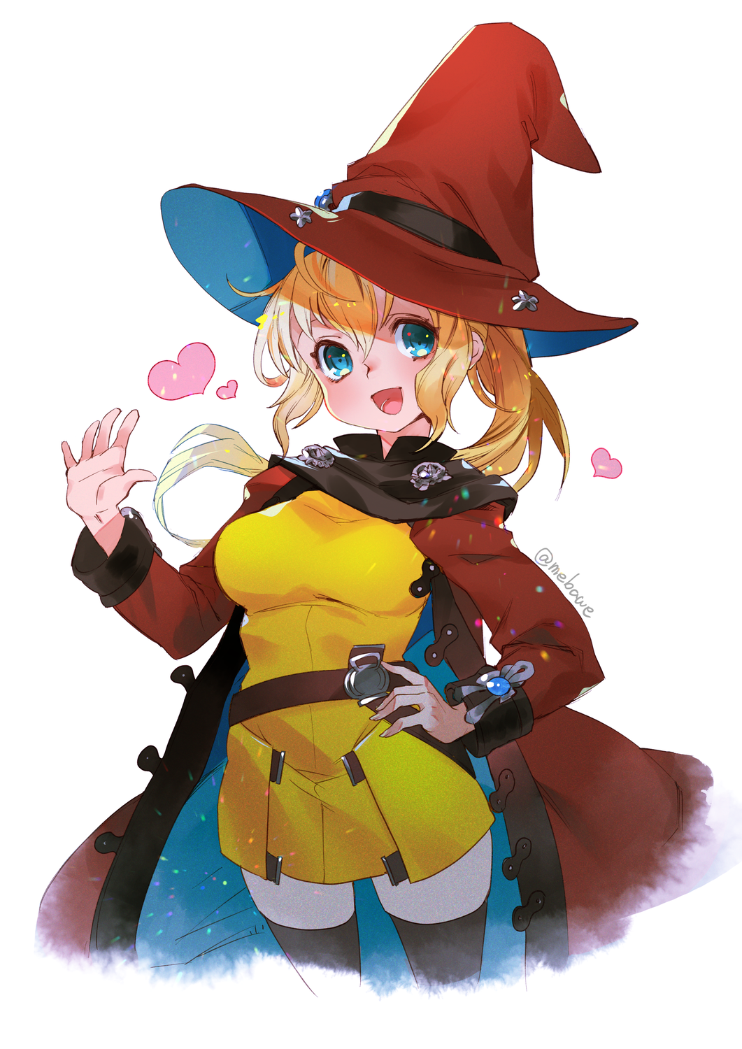black_thighhighs, blonde_hair, breasts, dress, green_eyes, hand_on_own_hip, hat, hayasaka