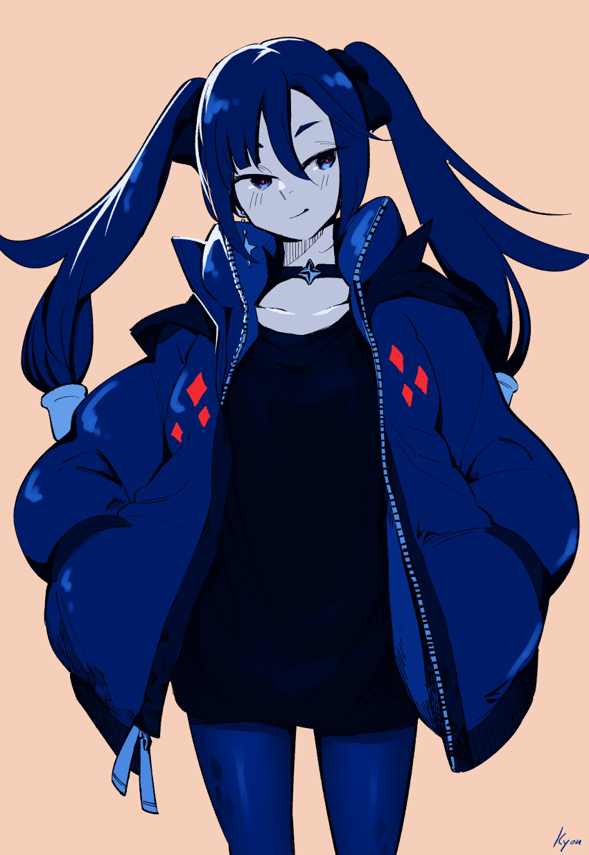 1girl, absurdres, alternate_costume, choker, collarbone, contemporary, cowboy_shot, earrings, facing_viewer, genshin_impact, hair_ribbon, highres, jacket, jewelry, kyou_(kyou22032), long_hair, long_shirt, looking_to_the_side, mona_(genshin_impact), open_clothes, open_jacket, pantyhose, ribbon, signature, single_earring, solo, sparkle_print, star_(symbol), star_choker, star_earrings, streetwear, twintails