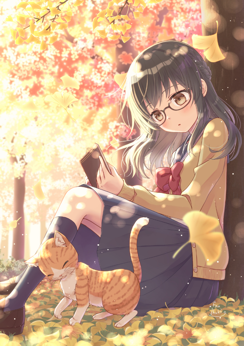 1girl, animal, autumn, autumn_leaves, black_hair, blush, book, bow
