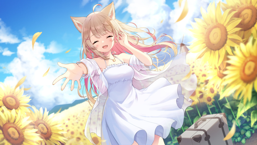 1girl, :d, ahoge, animal_ear_fluff, animal_ears, blonde_hair, blue_sky, blush