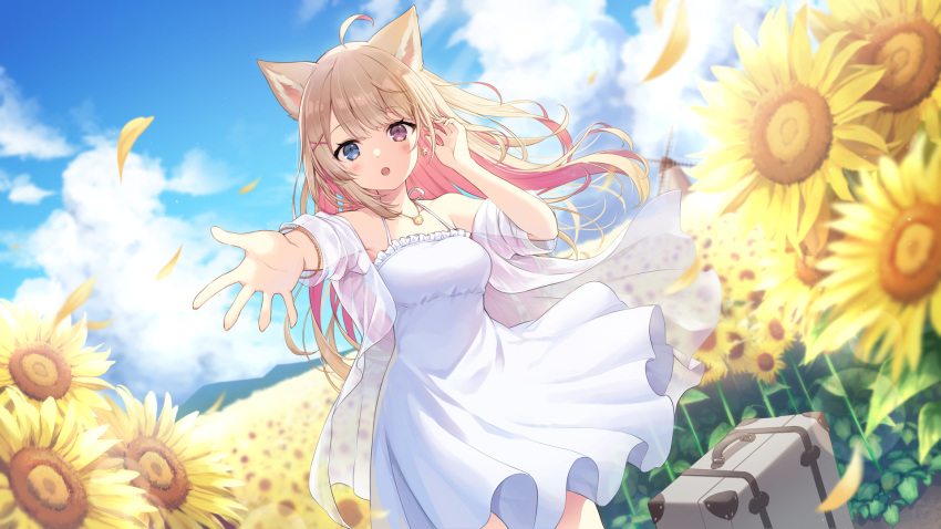 1girl, :o, ahoge, animal_ear_fluff, animal_ears, blonde_hair, blue_eyes, blue_sky