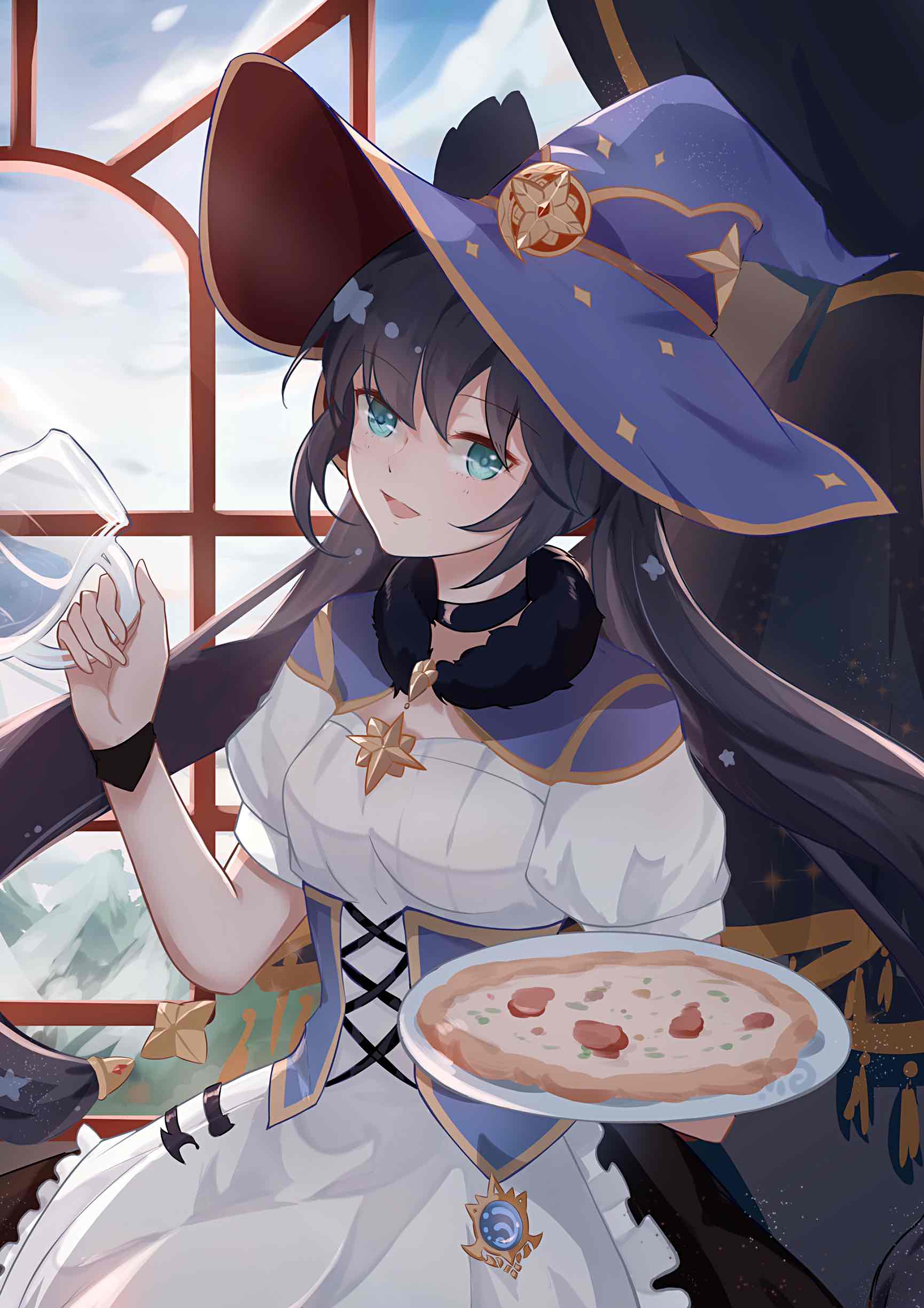 1girl, absurdres, alternate_costume, apron, aqua_eyes, blinds, catmelon_(user_melon010203), choker, clouds, cloudy_sky, corset, cowboy_shot, food, frilled_apron, frills, fur-trimmed_collar, genshin_impact, gold_trim, hat, highres, holding, holding_jug, holding_plate, indoors, long_hair, looking_at_viewer, maid, maid_apron, mona_(genshin_impact), open_mouth, pizza, plate, puffy_short_sleeves, puffy_sleeves, purple_hair, short_sleeves, sky, solo, sparkle_print, star_(symbol), star_choker, twintails, window, witch_hat