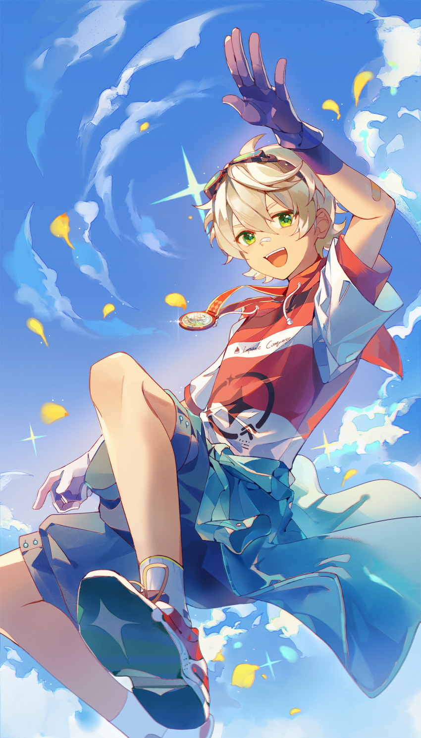 1boy, absurdres, alternate_costume, bandaid, bandaid_on_face, bennett_(genshin_impact), bennett_(keep)_(genshin_impact), black_gloves