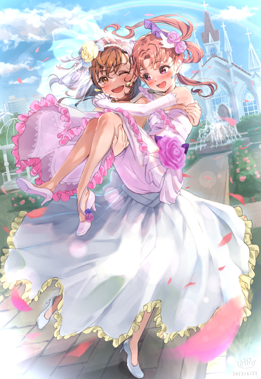 2girls, :d, ;d, academy_city, alternate_costume, blue_sky, bridal_veil, brown_hair
