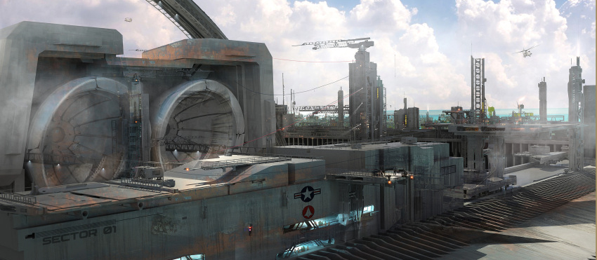 absurdres, building, choujikuu_yousai_macross, clouds, coldesign, construction_site, engine, english_commentary