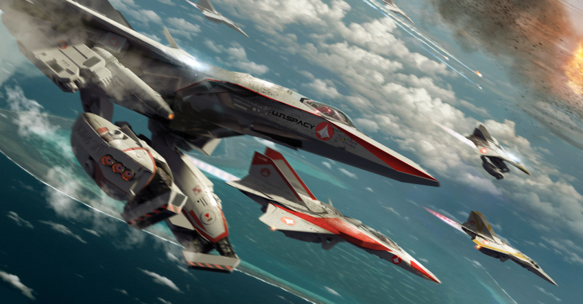 absurdres, aerial_battle, afterburner, battle, choujikuu_yousai_macross, clouds, coldesign, dogfight, dutch_angle, english_commentary, fleet, gerwalk, gunpod, highres, macross, mecha, official_art, production_art, realistic, redesign, robot, robotech, robotech:_the_motion_picture, roundel, science_fiction, thrusters, transformation, u.n._spacy, variable_fighter, vf-1