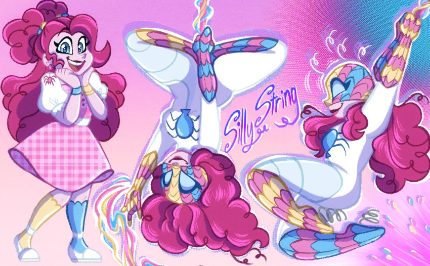 1girl, arms_up, beads, blue_bracelet, blue_eyes, bracelet, bug, buttons, carouselunique, closed_mouth, colored_skin, confetti, curly_hair, dress, earrings, feet_up, full_body, hair_beads, hair_down, hair_ornament, hands_on_own_face, hands_up, hanging, happy, highres, jewelry, kneehighs, legs_up, lipstick, long_hair, looking_down, looking_to_the_side, makeup, marvel, mask, multicolored_background, my_little_pony, my_little_pony:_equestria_girls, my_little_pony:_friendship_is_magic, open_mouth, open_smile, pink_dress, pink_hair, pink_skin, pinkie_pie, plaid, plaid_dress, puffy_short_sleeves, puffy_sleeves, short_sleeves, silk, simple_background, smile, socks, spider, spider-man:_across_the_spider-verse, spider-man_(series), spider_earrings, spring_(object), standing, swinging, teeth, upper_teeth_only, very_long_hair, white_footwear, white_sleeves, yellow_bracelet