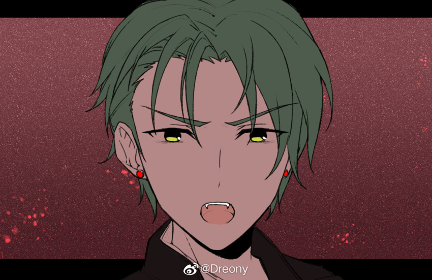 1boy, commentary_request, dreonya, earrings, ensemble_stars!, eyewear_removed, fangs, green_eyes
