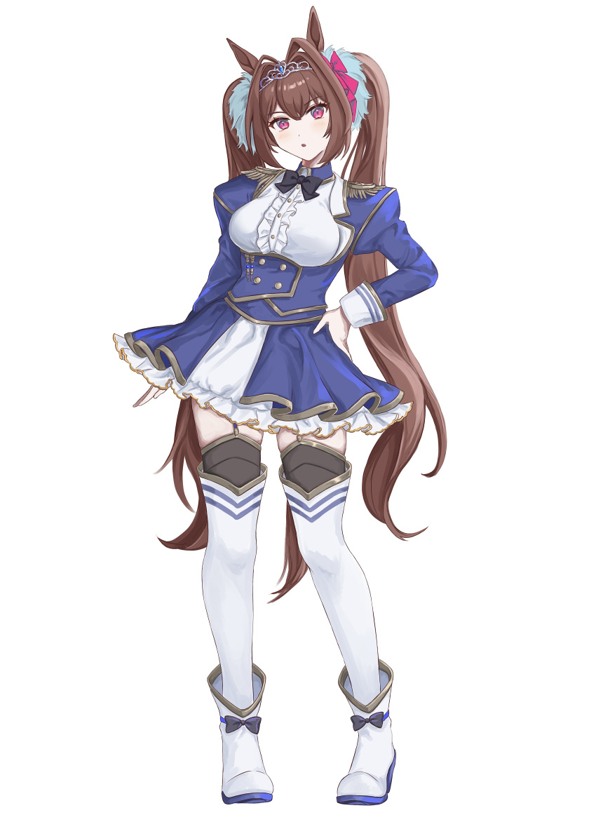 1girl, absurdres, aiguillette, animal_ears, ankle_boots, antenna_hair, black_thighhighs, blue_bow, blue_bowtie, blue_jacket, blue_skirt, boots, bow, bowtie, breasts, brown_hair, buttons, center_frills, commentary_request, daiwa_scarlet_(umamusume), double-breasted, epaulettes, framed_breasts, frilled_shirt, frills, garter_straps, hair_intakes, highres, horse_ears, horse_girl, jacket, juliet_sleeves, large_breasts, layered_skirt, long_hair, long_sleeves, looking_at_viewer, miniskirt, overskirt, partial_commentary, pleated_skirt, poyanchu, puffy_sleeves, red_eyes, shirt, simple_background, skirt, solo, thigh-highs, tiara, twintails, umamusume, underbust, very_long_hair, white_background, white_footwear, white_shirt, white_skirt, white_thighhighs
