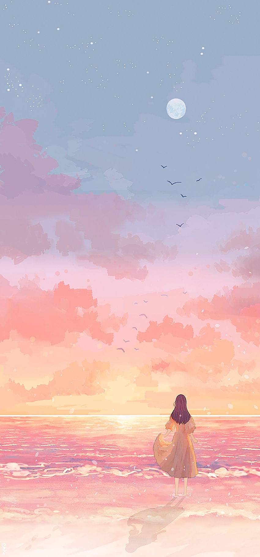 1girl, absurdres, beach, bird, black_hair, clouds, cloudy_sky, commentary, dress, english_commentary, enki_(enkiriin), facing_away, flock, from_behind, full_moon, gradient_sky, highres, horizon, long_hair, moon, nijisanji, nijisanji_en, ocean, orange_dress, outdoors, petra_gurin, puffy_short_sleeves, puffy_sleeves, shadow, short_sleeves, sky, solo, standing, star_(sky), sunset, twintails, virtual_youtuber, water