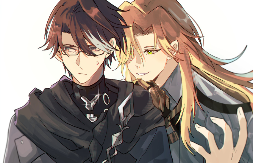 2boys, anger_vein, black-framed_eyewear, black_scarf, blonde_hair, brown_hair, chromatic_aberration, closed_mouth, fdrc, glasses, green_eyes, grey_jacket, grin, hand_up, highres, honkai:_star_rail, honkai_(series), jacket, long_hair, male_focus, multicolored_hair, multiple_boys, orange_eyes, scarf, short_hair, sideways_glance, simple_background, smile, smirk, streaked_hair, void_archives_(honkai_impact), welt_yang, white_background, white_hair