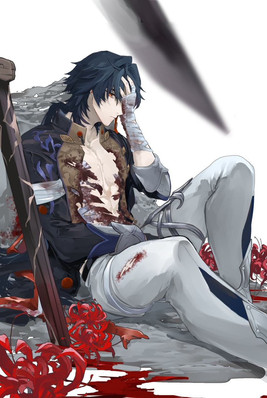 1boy, absurdres, bandaged_hand, bandages, black_jacket, blade_(honkai:_star_rail), blood, blood_on_clothes