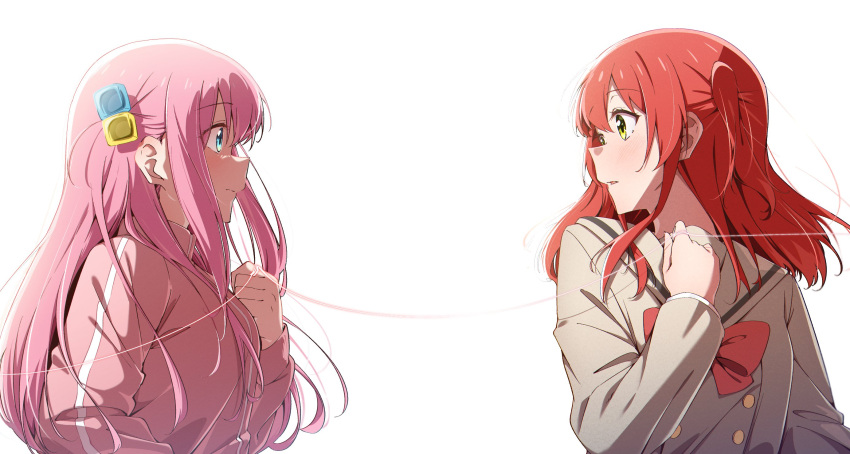 2girls, blue_eyes, bocchi_the_rock!, closed_mouth, commentary_request, cube_hair_ornament, eye_contact, gotou_hitori