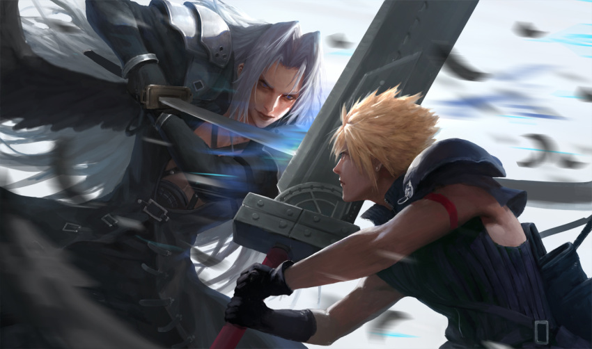 2boys, apron, arm_ribbon, armor, battle, belt, belt_buckle, black_apron