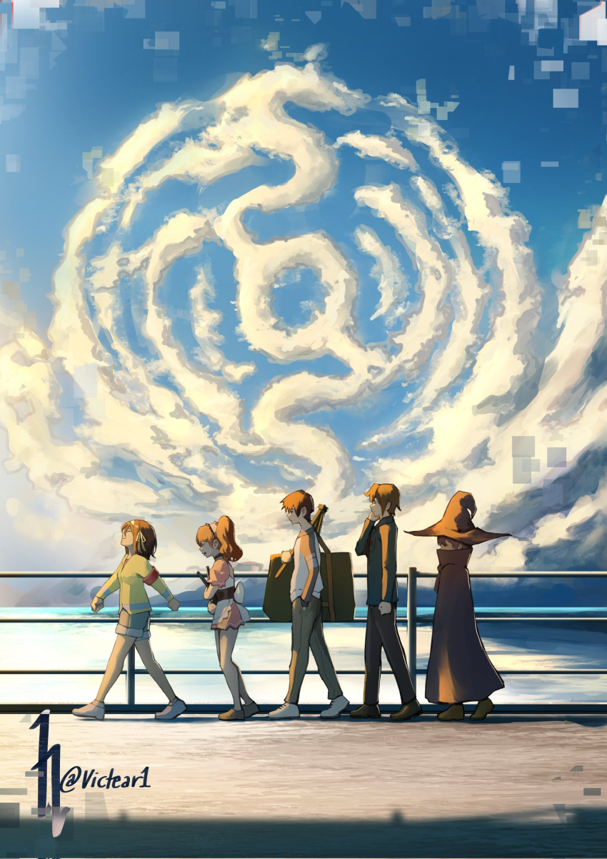 2boys, 3girls, armband, artist_name, asahina_mikuru, black_footwear, brown_footwear, brown_hair