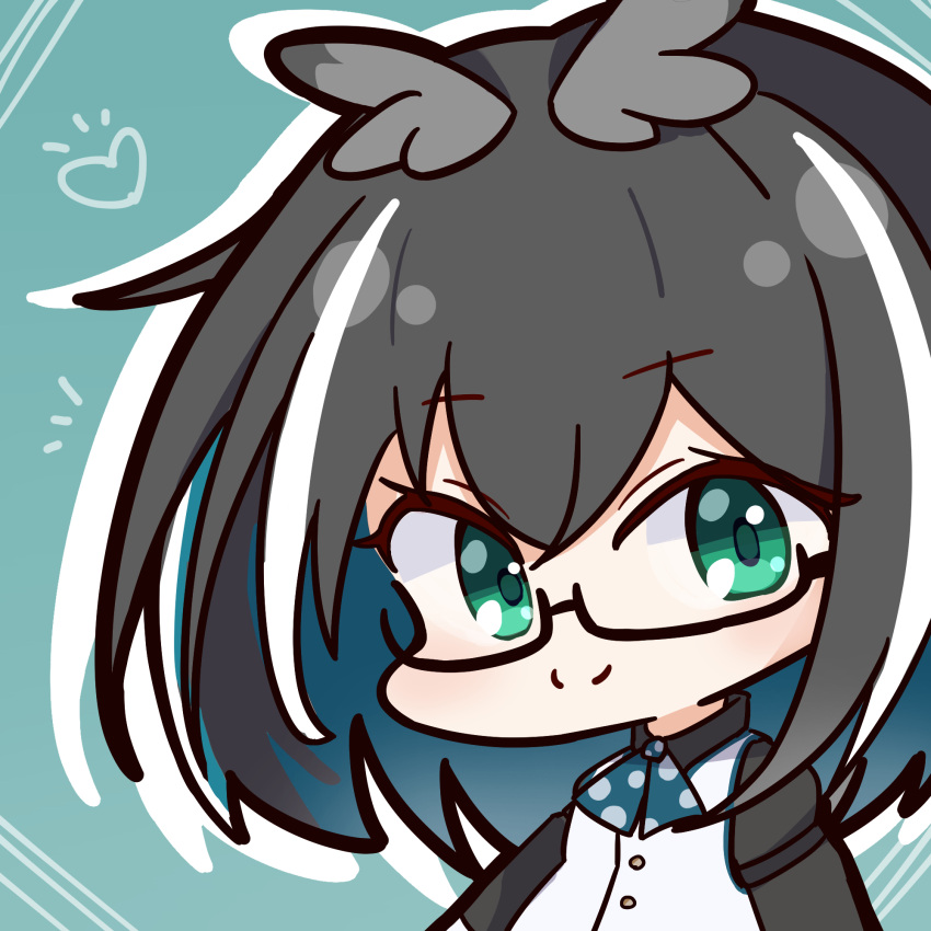 1girl, black-framed_eyewear, black_hair, black_shirt, blue_bow, blue_bowtie, blue_hair, blush, bow, bowtie, chibi, closed_mouth, commentary_request, glasses, green_eyes, grey_hair, grey_wings, head_wings, highres, looking_at_viewer, mariooo, medium_bangs, medium_hair, multicolored_hair, nanashi_inc., oura_rukako, polka_dot_bowtie, semi-rimless_eyewear, shirt, smile, solo, split_mouth, streaked_hair, under-rim_eyewear, upper_body, vest, virtual_youtuber, white_hair, white_vest, wings