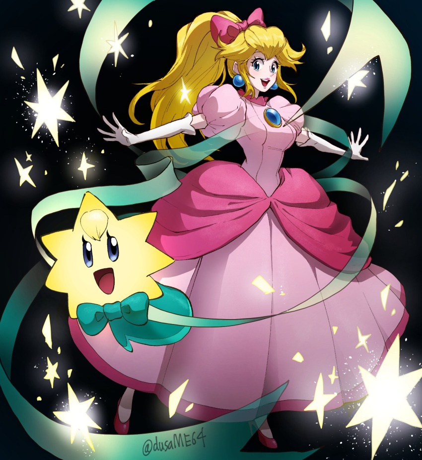 1girl, artist_name, blonde_hair, blue_eyes, bow, breasts, dress, dusa