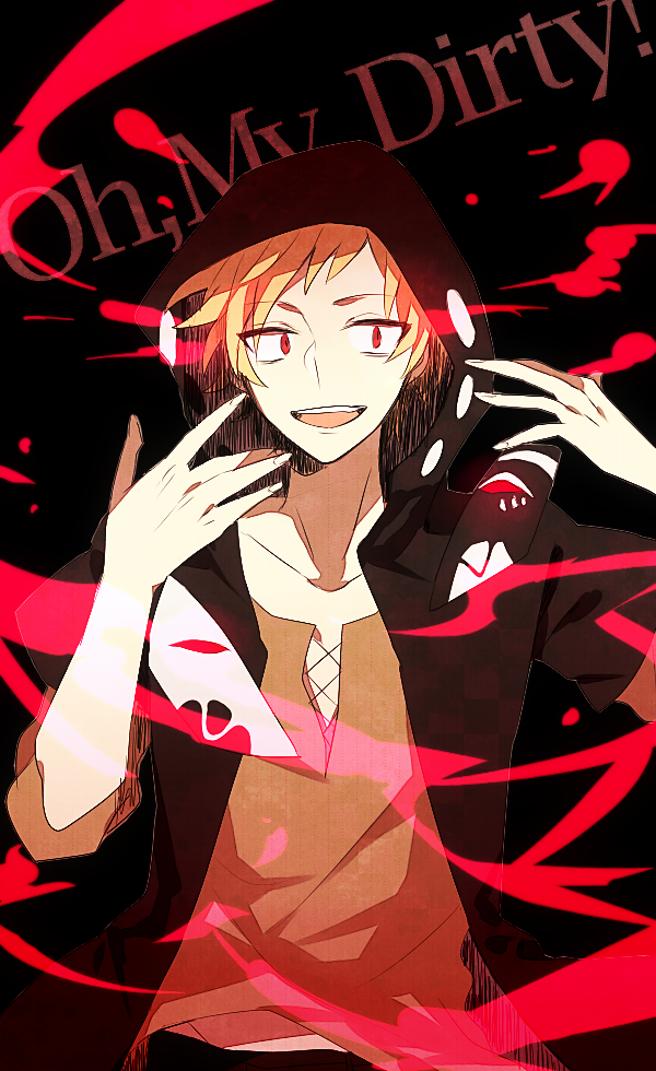 1boy, ambiguous_red_liquid, black_background, black_hoodie, broken_mask, brown_shirt, casual, circle