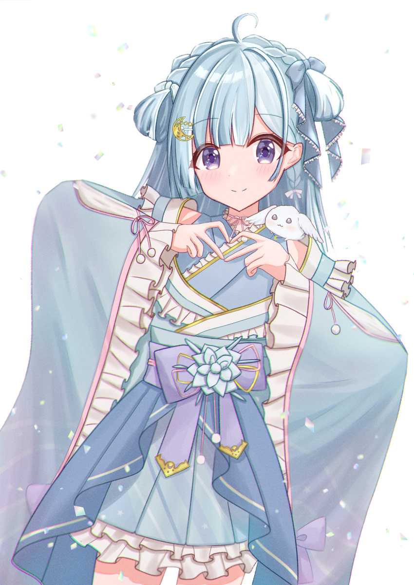 1girl, absurdres, ahoge, amaui, animal_on_shoulder, blue_bow, blue_hair, blue_kimono, blunt_bangs, blush, bow, braid, closed_mouth, commentary_request, cowboy_shot, crescent, crescent_hair_ornament, crown_braid, flat_chest, frilled_kimono, frilled_sleeves, frills, hair_bow, hair_ornament, heart, heart_hands, highres, japanese_clothes, kimono, long_hair, long_sleeves, looking_at_viewer, medium_bangs, multicolored_hair, nanashi_inc., neck_ribbon, obi, pink_ribbon, purple_bow, purple_sash, rabbit, ribbon, sash, side_braid, smile, solo, thippy, two-tone_hair, violet_eyes, virtual_youtuber, white_background, white_bow, white_hair, wide_sleeves