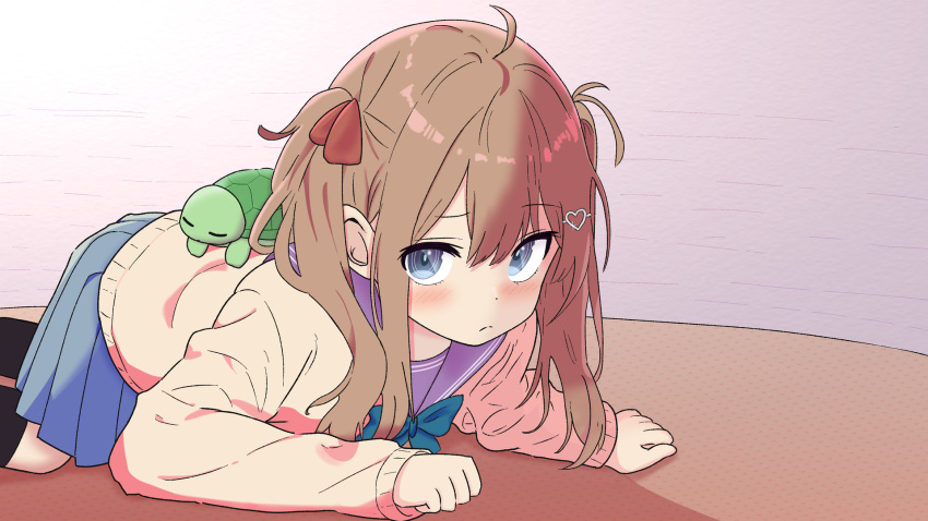 blue_bow, blue_eyes, blue_sailor_collar, blue_skirt, blush, bow, brown_hair, crawling